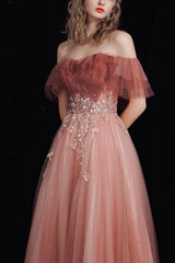 A Line Prom Dress Off the Shoulder Tulle Lace Burgundy Long Formal Dress Evening Dress