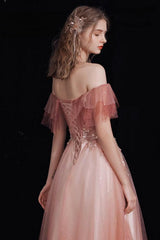 A Line Prom Dress Off the Shoulder Tulle Lace Burgundy Long Formal Dress Evening Dress