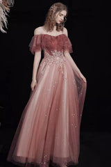 A Line Prom Dress Off the Shoulder Tulle Lace Burgundy Long Formal Dress Evening Dress