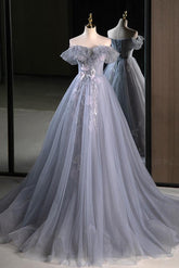 A Line Prom Dress Off the Shoulder Tulle Lace Gray Blue Long Formal Dress Evening Dress