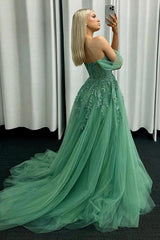 A Line Prom Dress Off the Shoulder Tulle Lace Green Long Formal Dress Evening Dress
