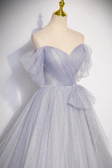 A Line Prom Dress Off the Shoulder Tulle Long Gray Formal Dress Evening Dress