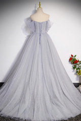 A Line Prom Dress Off the Shoulder Tulle Long Gray Formal Dress Evening Dress