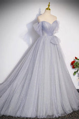 A Line Prom Dress Off the Shoulder Tulle Long Gray Formal Dress Evening Dress