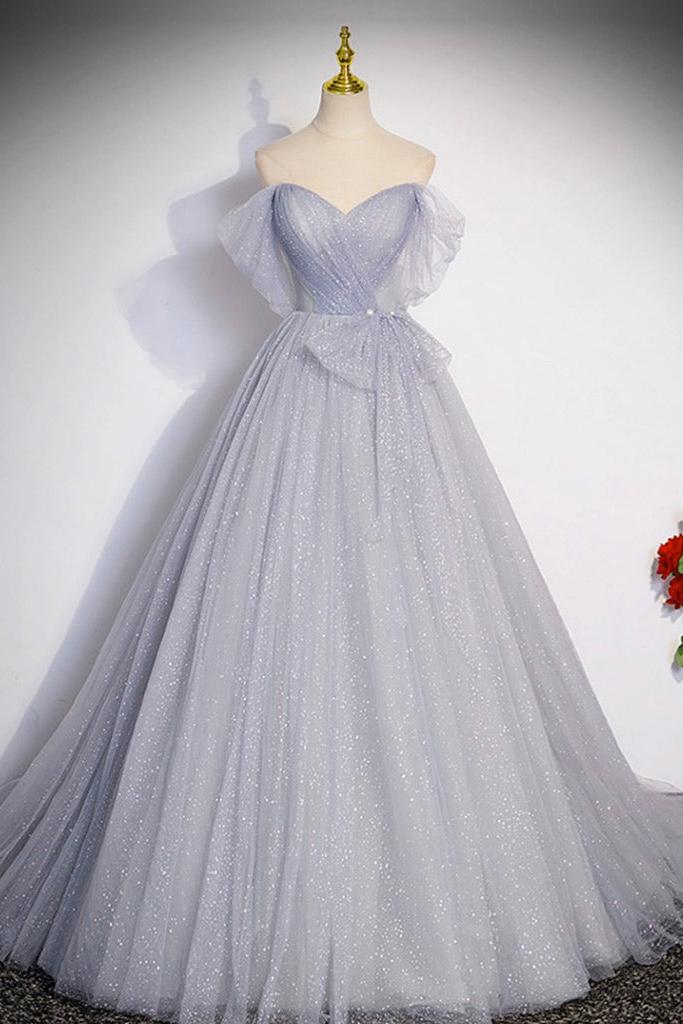 A Line Prom Dress Off the Shoulder Tulle Long Gray Formal Dress Evening Dress