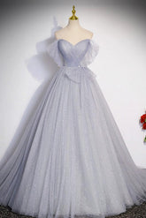 A Line Prom Dress Off the Shoulder Tulle Long Gray Formal Dress Evening Dress