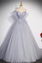 A Line Prom Dress Off the Shoulder Tulle Long Gray Formal Dress Evening Dress