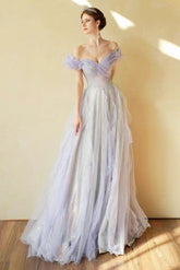 A Line Prom Dress Off the Shoulder Tulle Sequin Purple Long Formal Dress Evening Dress