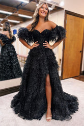 A Line Prom Dress Off the shoulder Glitter Tulle Evening Dress With Split