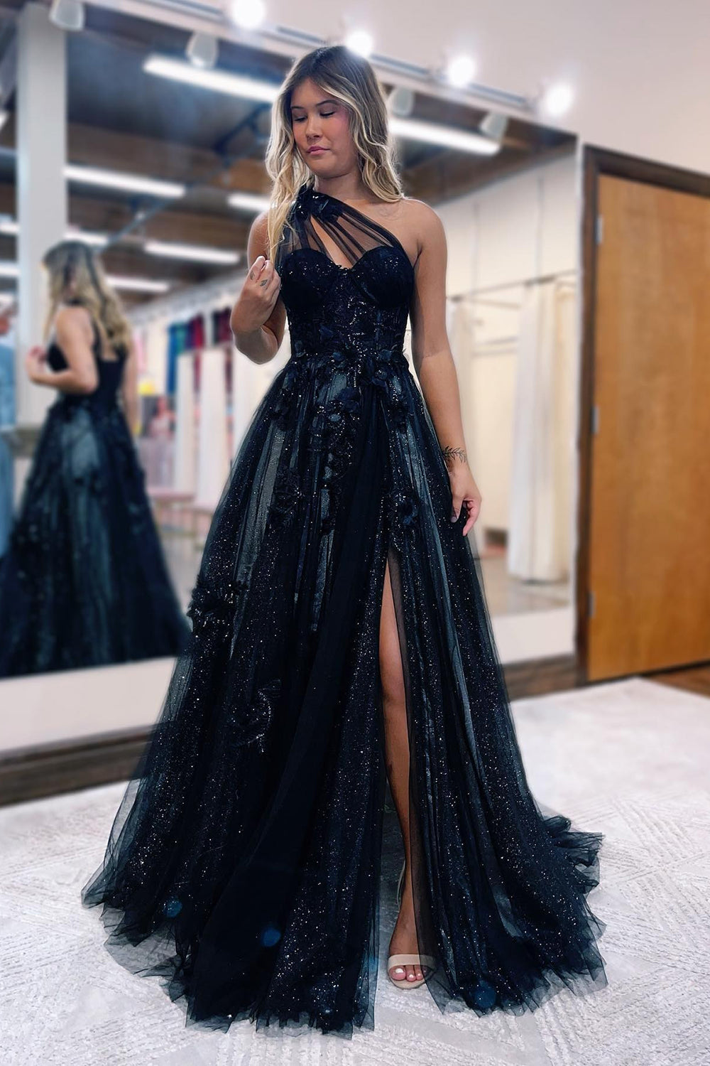 A Line Prom Dress One Shoulder Black Long Appliqued Evening Dress