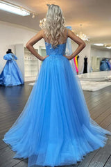 A Line Prom Dress One Shoulder Blue Tulle with Appliques Evening Dress