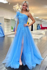 A Line Prom Dress One Shoulder Blue Tulle with Appliques Evening Dress