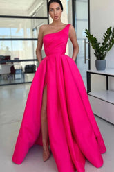A Line Prom Dress One Shoulder Fuchsia Prom Dress Sequin Long Evening Dress With Split