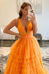 A Line Prom Dress Orange V Neck Tulle Long Evening Dress