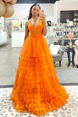 A Line Prom Dress Orange V Neck Tulle Long Evening Dress