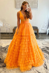 A Line Prom Dress Orange V Neck Tulle Long Evening Dress