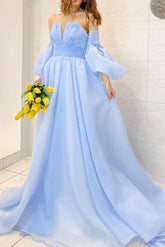 A Line Prom Dress Organza Blue Long with Puff Sleeves Formal Party Dress Evening Dress