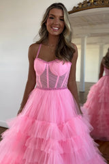 A Line Prom Dress Pink Spaghetti Straps Tiered Corset Tulle Long Evening Dress