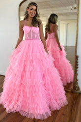 A Line Prom Dress Pink Spaghetti Straps Tiered Corset Tulle Long Evening Dress
