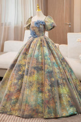 A Line Prom Dress Puff Sleeves Gold Long Evening Dress with Flower