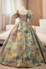 A Line Prom Dress Puff Sleeves Gold Long Evening Dress with Flower