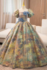 A Line Prom Dress Puff Sleeves Gold Long Evening Dress with Flower