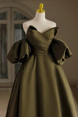 A Line Prom Dress Puff Sleeves Olive Green Satin Long Evening Dress