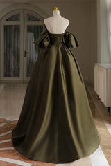 A Line Prom Dress Puff Sleeves Olive Green Satin Long Evening Dress