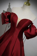 A Line Prom Dress Puff Sleeves Satin Burgundy Long Formal Evening Dress