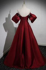 A Line Prom Dress Puff Sleeves Satin Burgundy Long Formal Evening Dress