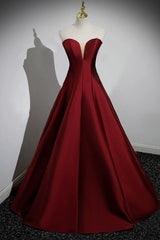 A Line Prom Dress Puff Sleeves Satin Burgundy Long Formal Evening Dress