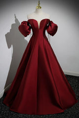 A Line Prom Dress Puff Sleeves Satin Burgundy Long Formal Evening Dress