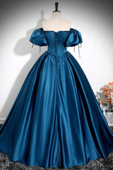 A Line Prom Dress Puff Sleeves Satin Peacock Blue Long Formal Dress Evening Dress