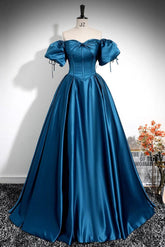 A Line Prom Dress Puff Sleeves Satin Peacock Blue Long Formal Dress Evening Dress