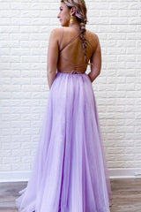 A Line Prom Dress Purple Backless Tulle Long Evening Dress