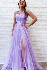 A Line Prom Dress Purple Backless Tulle Long Evening Dress