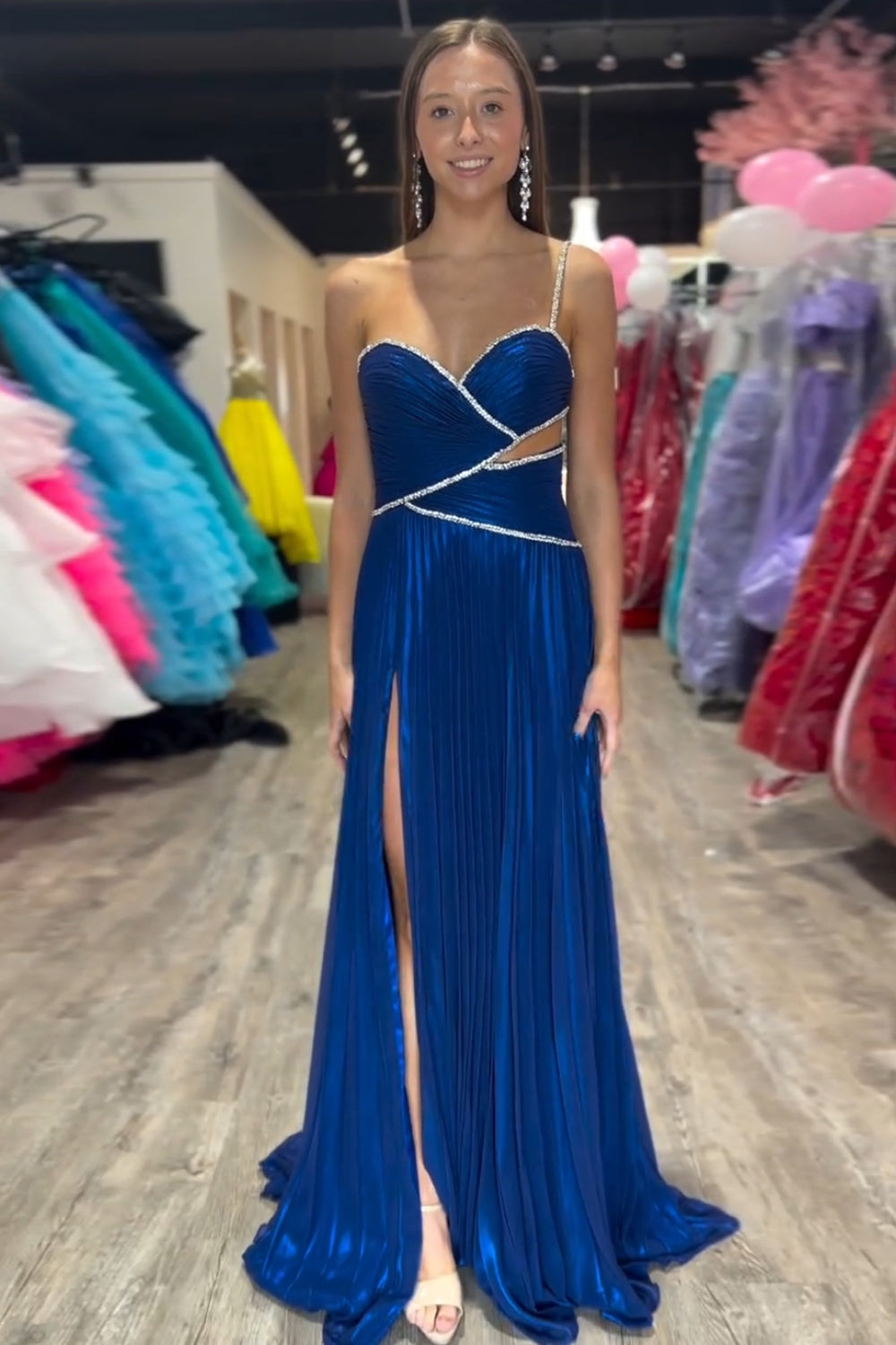 A-Line Prom Dress Royal Blue One Shoulder Long Evening Dress with Slit