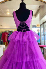 A Line Prom Dress Ruffled Purple Tulle Long Evening Dress
