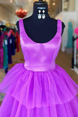 A Line Prom Dress Ruffled Purple Tulle Long Evening Dress