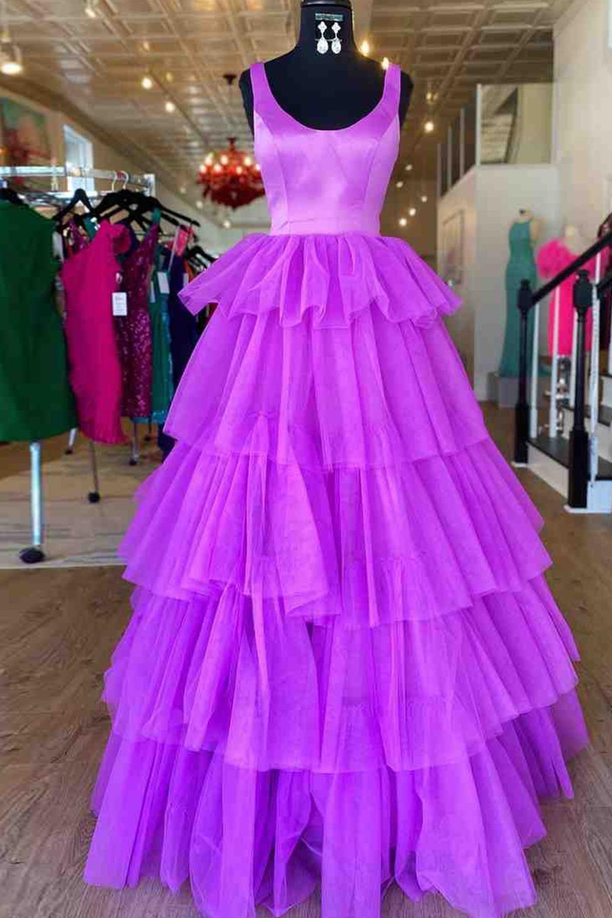 A Line Prom Dress Ruffled Purple Tulle Long Evening Dress
