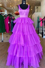 A Line Prom Dress Ruffled Purple Tulle Long Evening Dress