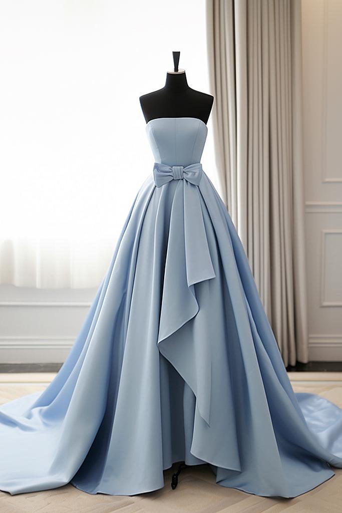A Line Prom Dress Satin Blue Long Evening Dress