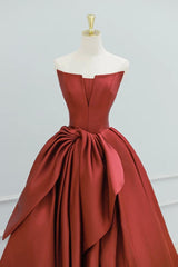 A Line Prom Dress Satin Burgundy Long Formal Gown Evening Dress
