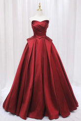 A Line Prom Dress Satin Burgundy Long Formal Gown Evening Dress