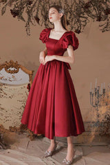 A Line Prom Dress Satin Tea Length Burgundy Formal Dress Evening Dress