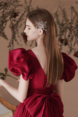 A Line Prom Dress Satin Tea Length Burgundy Formal Dress Evening Dress
