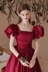 A Line Prom Dress Satin Tea Length Burgundy Formal Dress Evening Dress