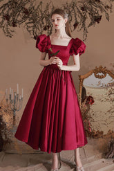 A Line Prom Dress Satin Tea Length Burgundy Formal Dress Evening Dress