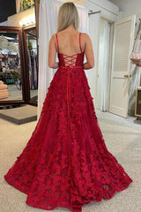 A Line Prom Dress Scoop Neck Red Lace Evening Dress with Beadings