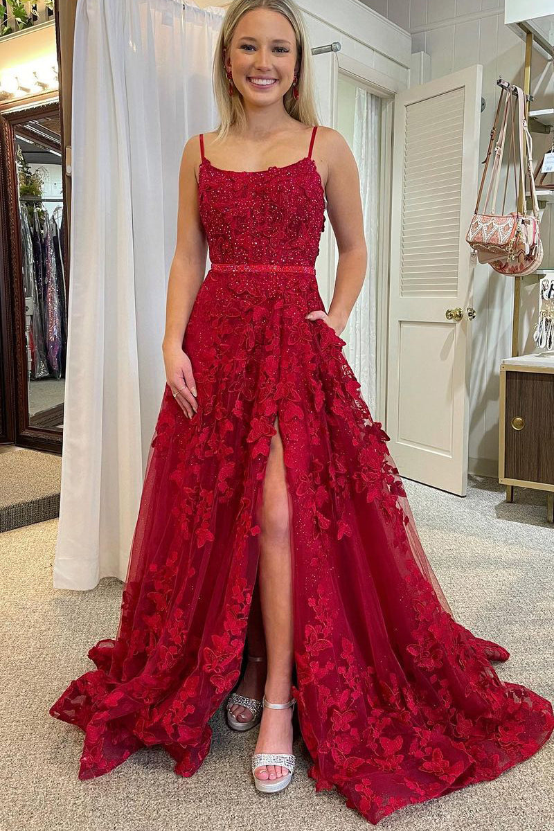 A Line Prom Dress Scoop Neck Red Lace Evening Dress with Beadings